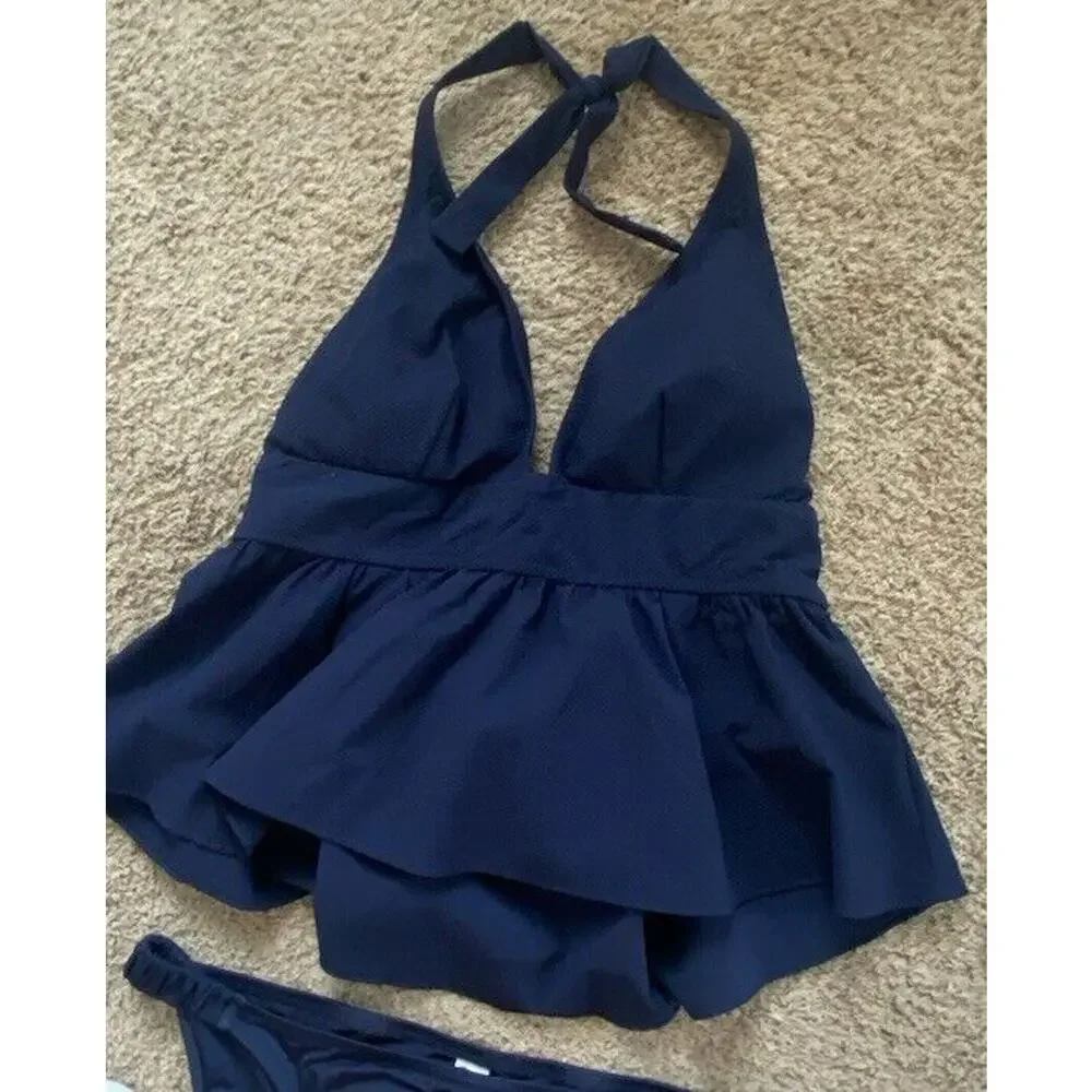 New J.Crew Navy‎ Ruffled 2-pc Bikini Set Swim Suit Tank Top w Bikini Bottom MED